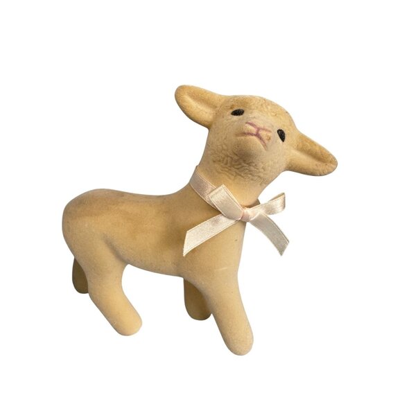 Vintage Midcentury Flocked Lamb Figurine W/ Satin Bow 7.5" - Picture 2 of 9